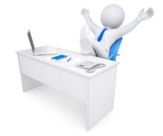 16771207 - 3d white human sitting at the table happily raised his hands up  isolated render on a white background